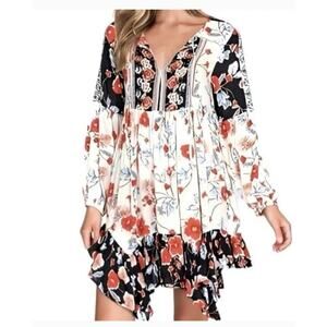 4661) Patrons of Peace Floral Boho Babydoll Peasant Tunic Mini Dress Small